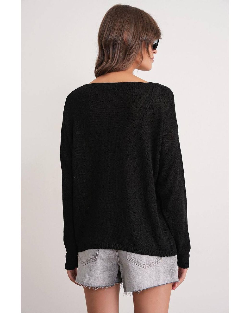 MixRay Black Oversized Boat Neck Knit Sweater