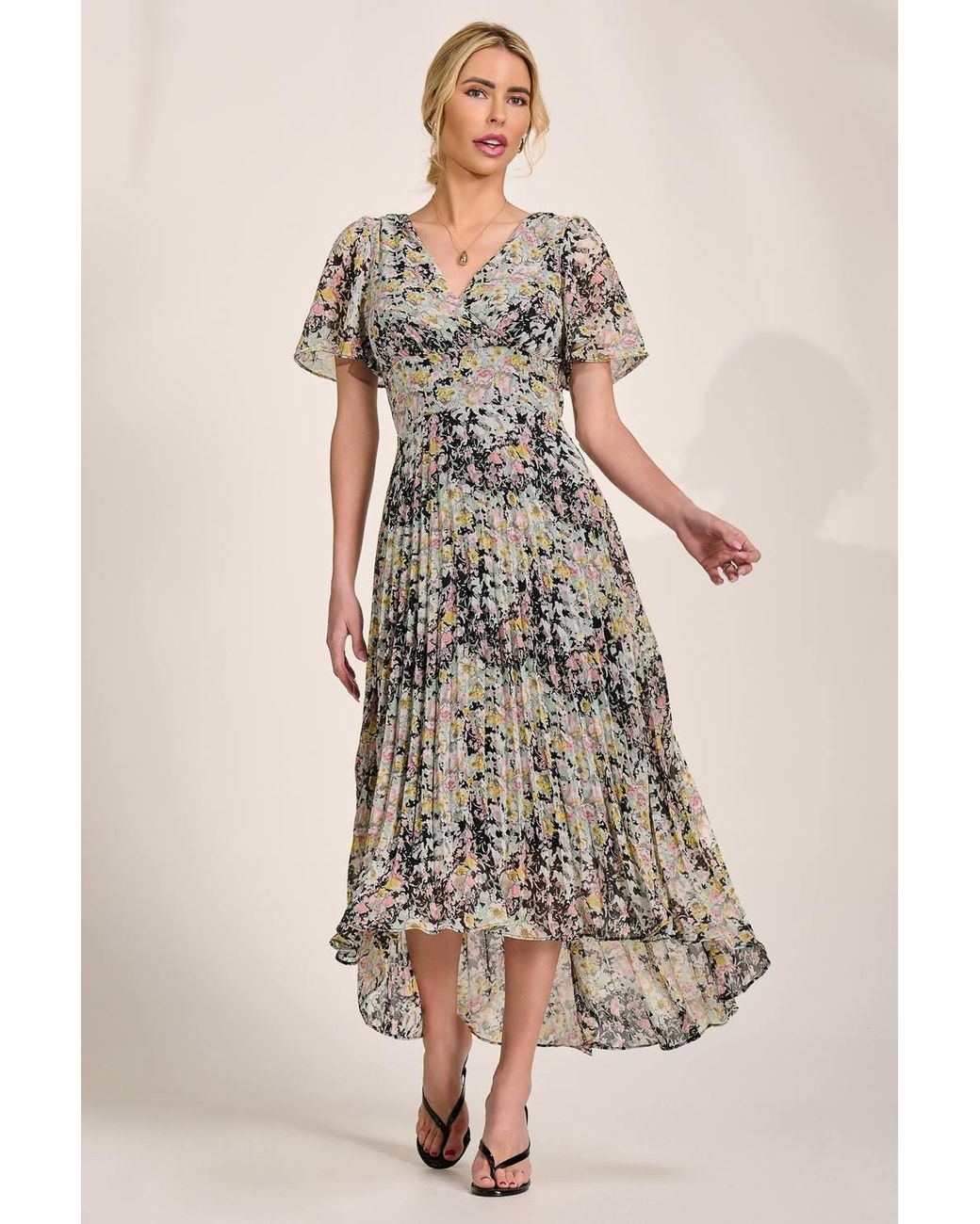 Jolie Moi Natural Floral Chiffon V Neck Midaxi Dress