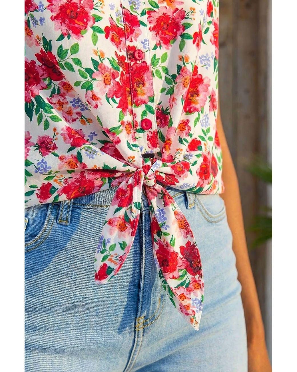 Roman Red Floral Tie Front Blouse