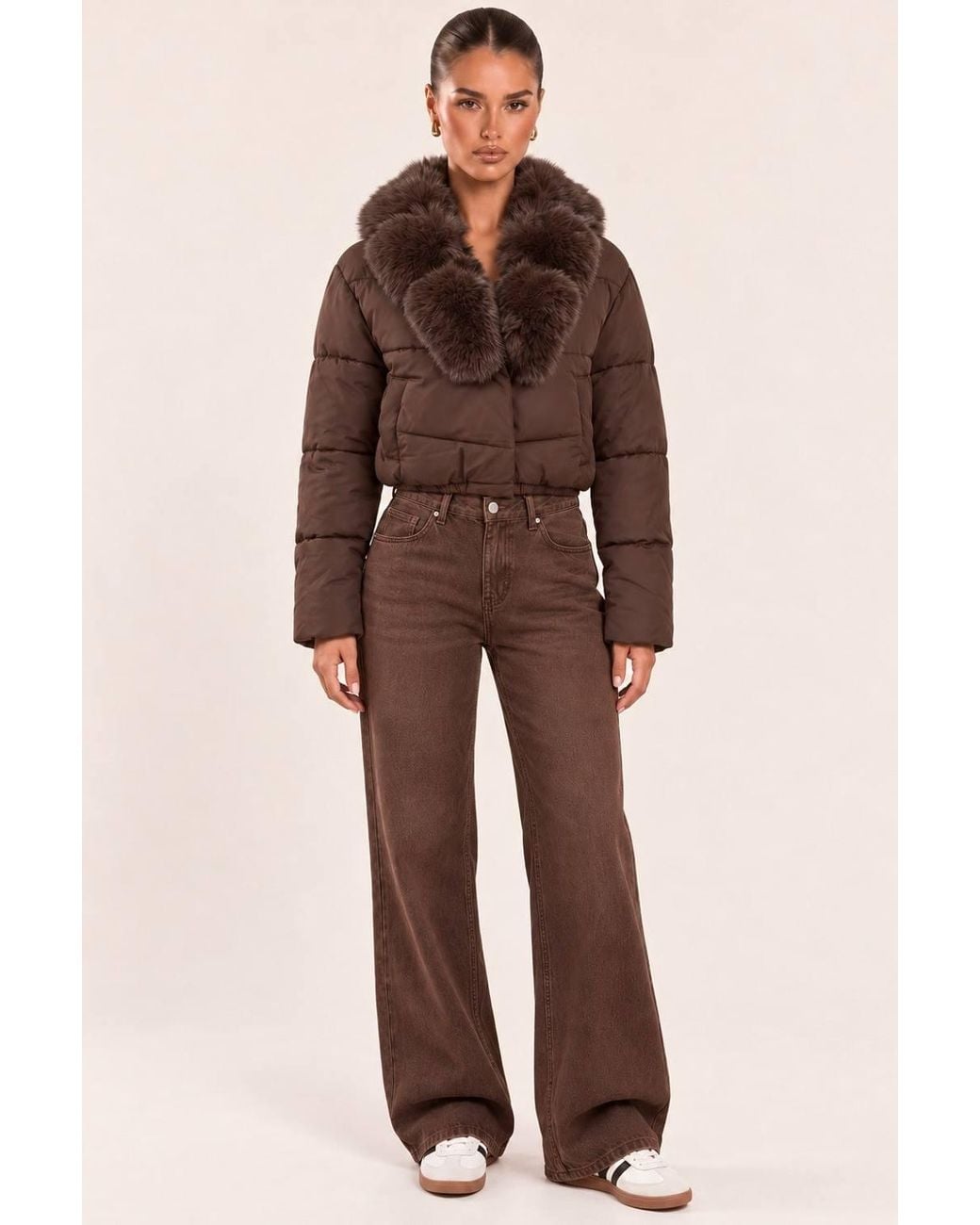 Rebellious Fashion Brown Deliah Faux Fur Collar Puffer Cropped Jacket