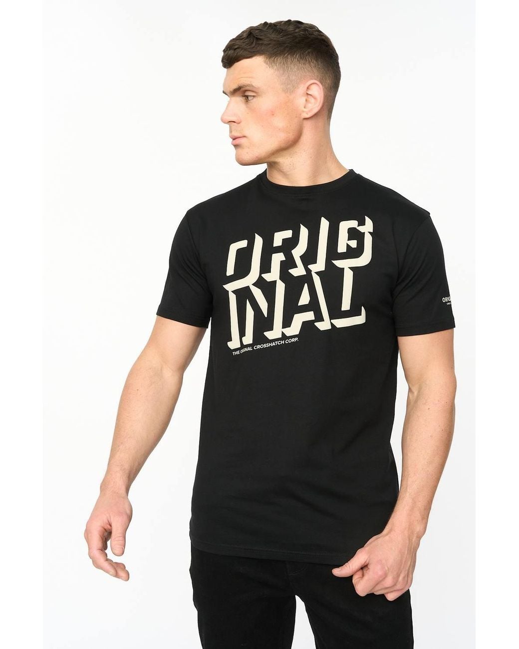 Crosshatch Black Protrax Crew Neck Cotton T-Shirt With Mixed Texture Print for men