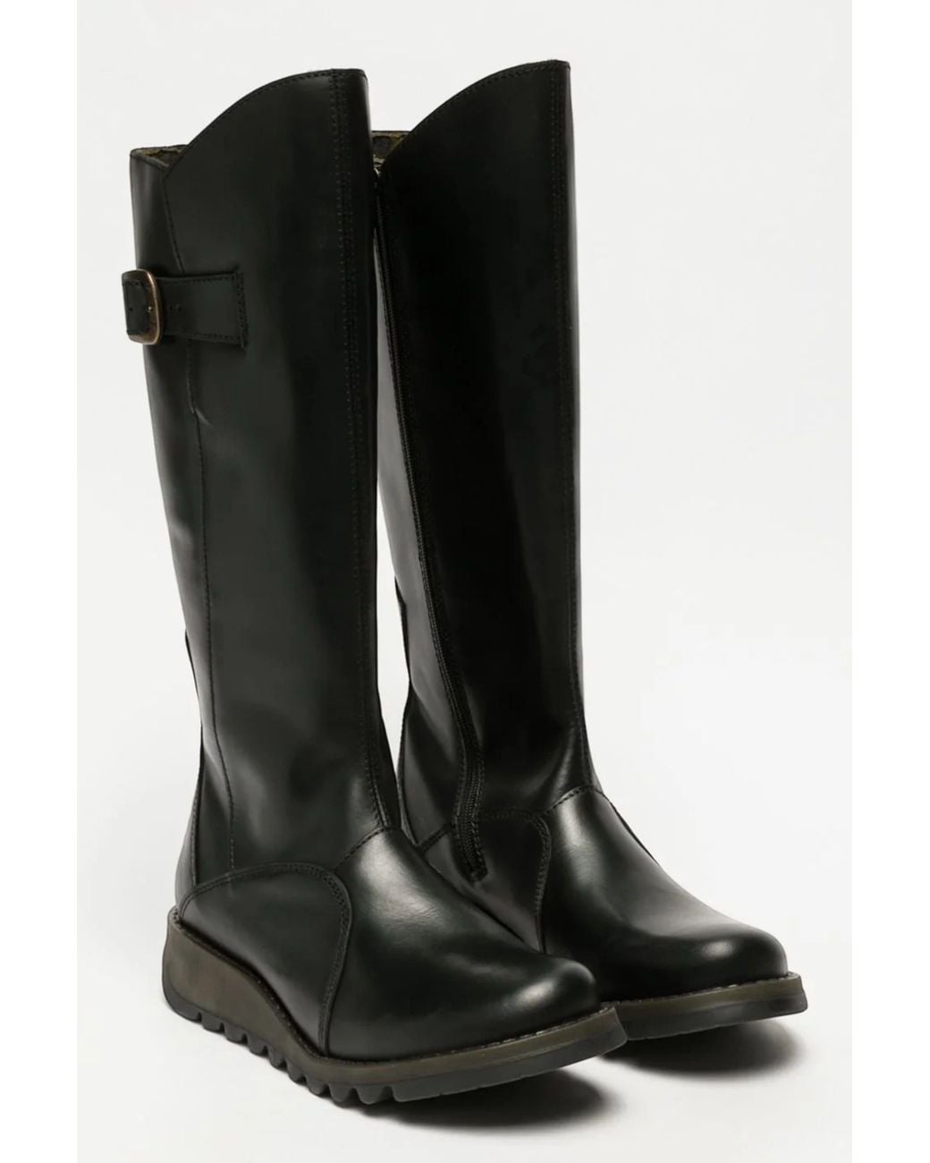 Infinity Leather Black Fly London Mol 2 Leather Wedge Heel Knee High Zip-Up Boots