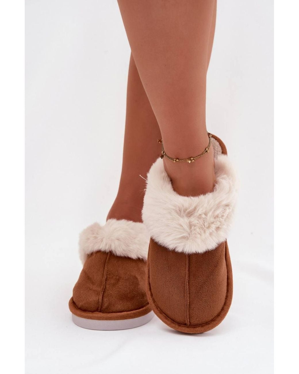 Love Lace Brown Warm Insulated Suede Slippers With Fur Trim Covered Toes
