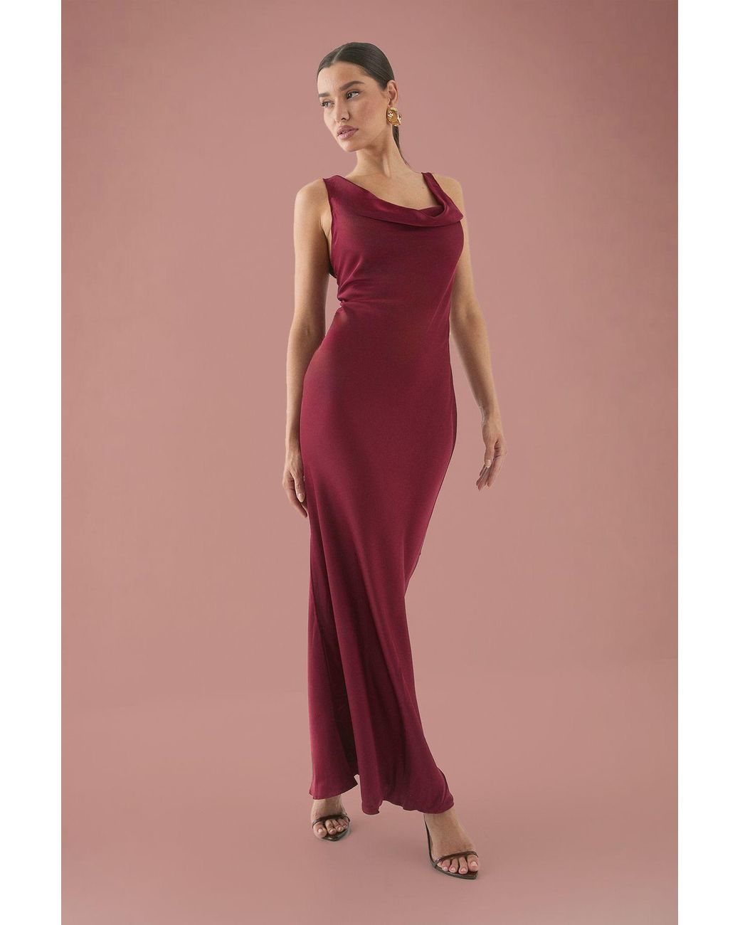 MissPap Red Premium Satin Cowl Neck Fishtail Maxi Dress