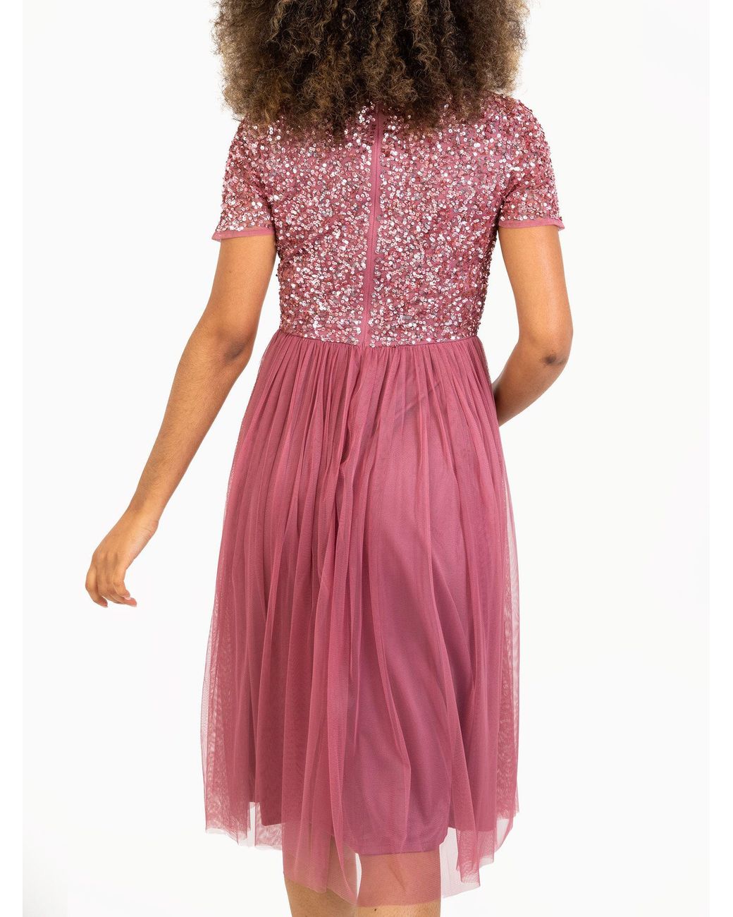 Maya Deluxe Pink Short Sleeve V Neck Embellished Midi Dress