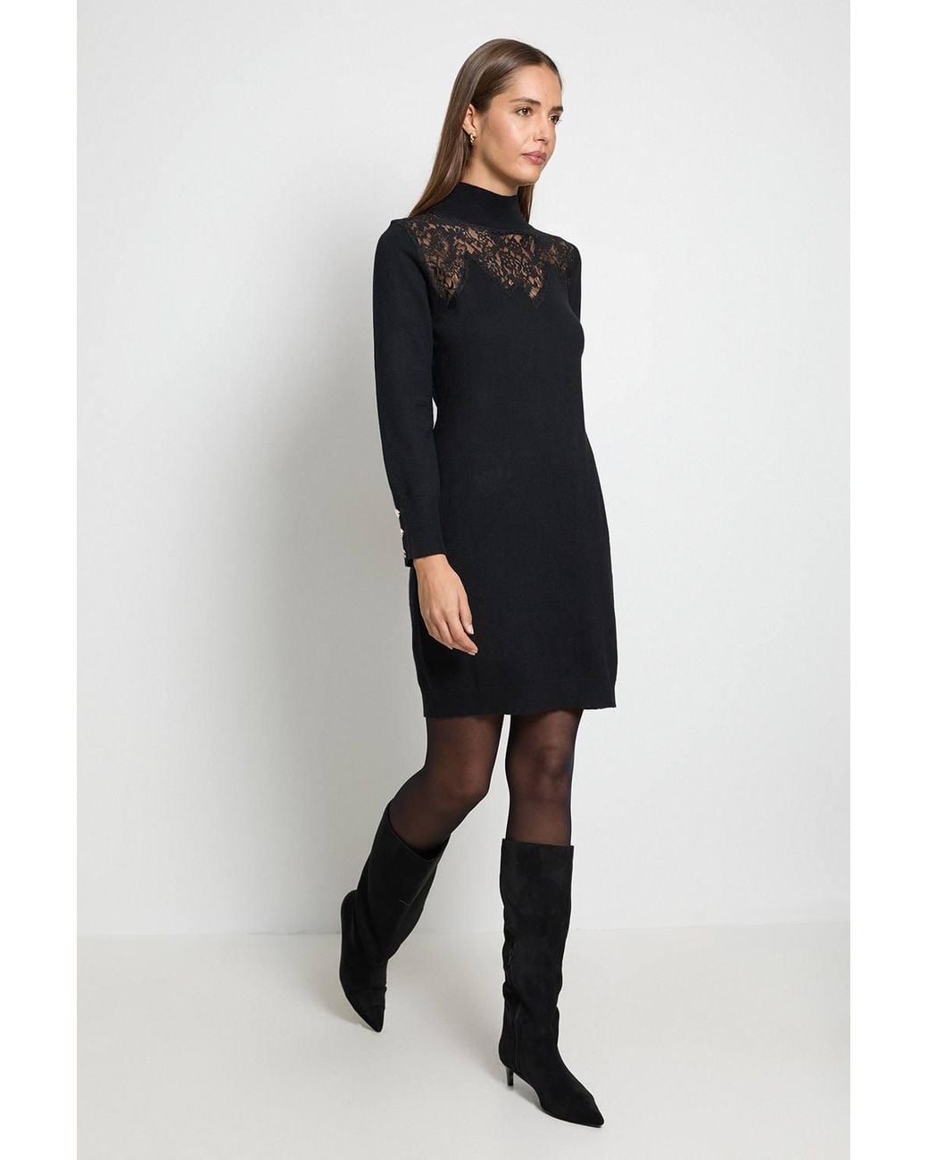 Wallis Black Lace Detail Funnel Neck Knitted Dress