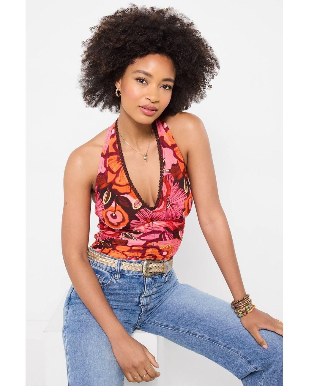 Joe Browns White Floral Halter Top With Pompom Trim & Shirred Back