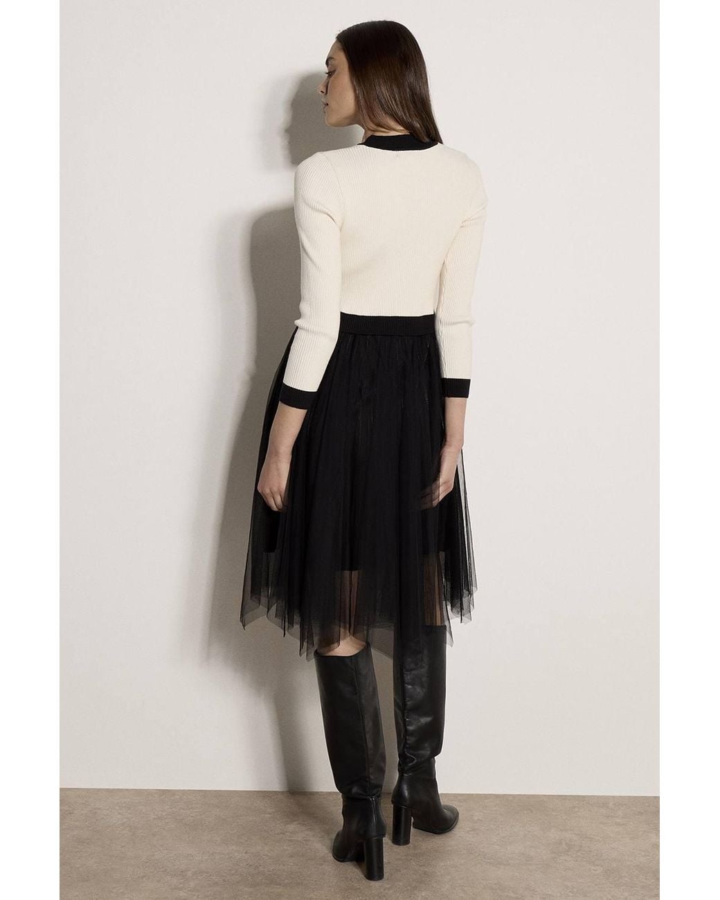 Apricot Black Tulle Skirt Knit Mini Dress