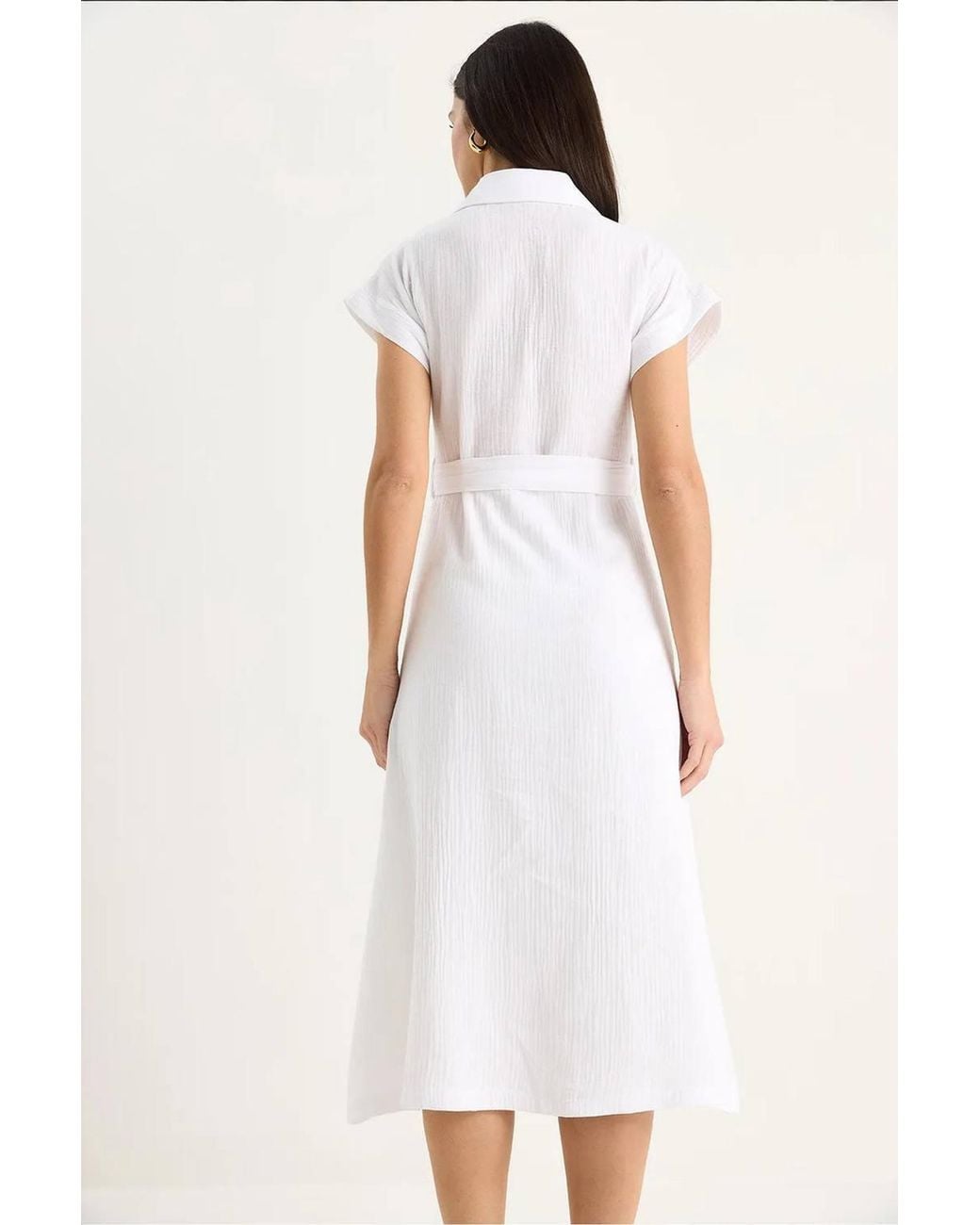 Bianco Lucci White Textured Cotton Midi Dress With Shirt Collar