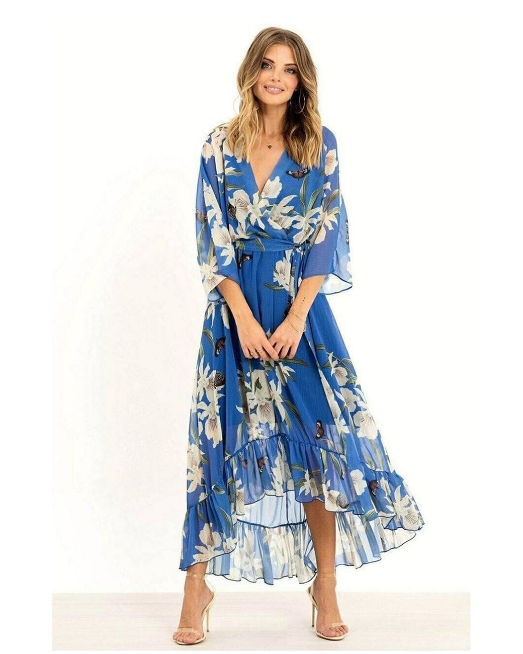 Yumi' Blue Floral Kimono Sleeves Dip Hem Wrap Midi Dress