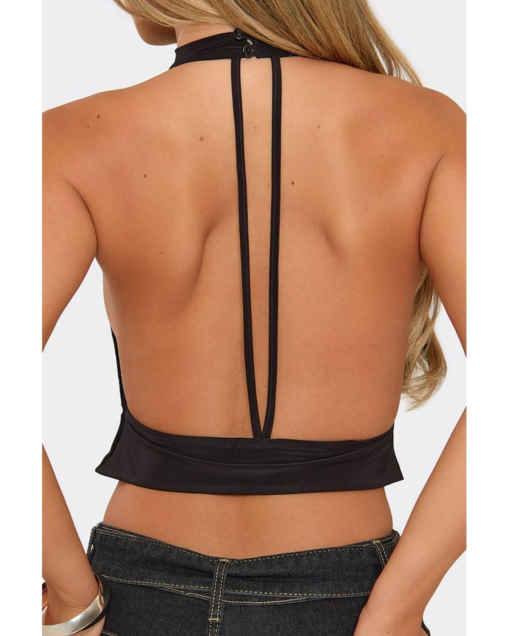 EGO Black Strappy High Neck Open Back Slinky Top