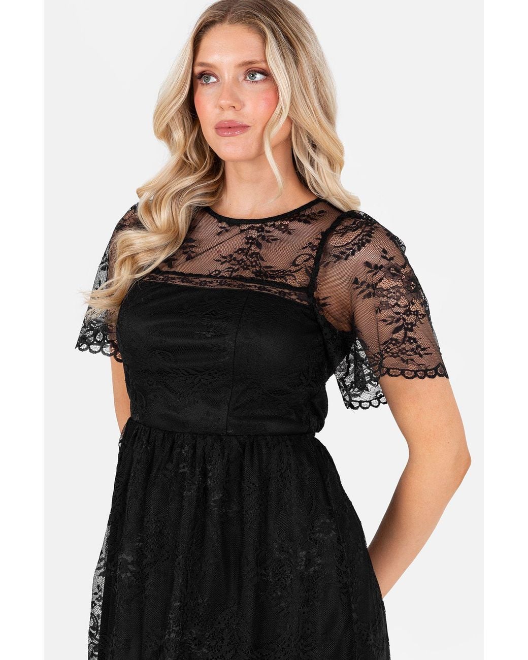 Lovedrobe Black Short Sleeve Lace Midi Dress