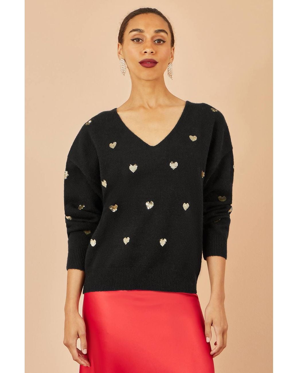 Yumi' Black Sequin Heart V Neck Jumper