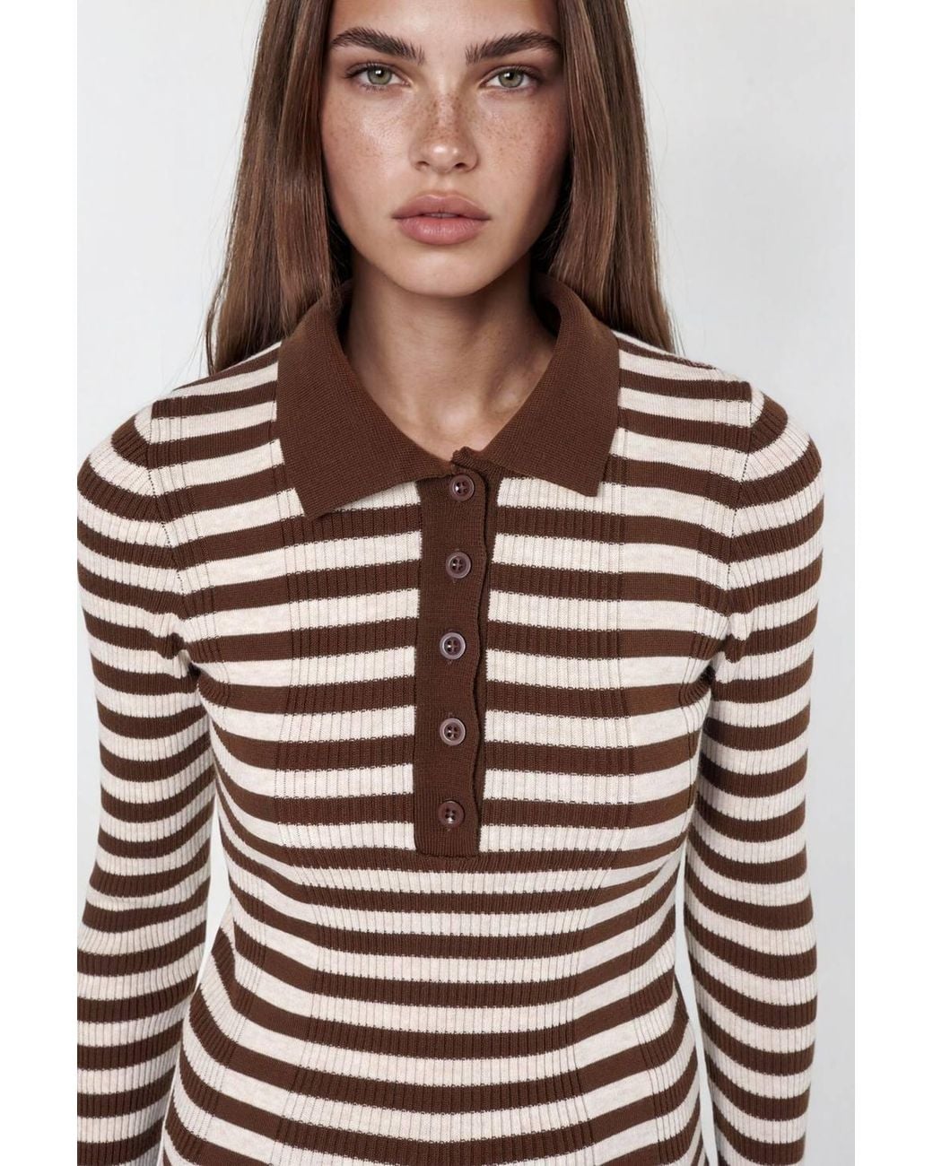 Hiccup Brown Striped Ribbed Button Polo Sweater