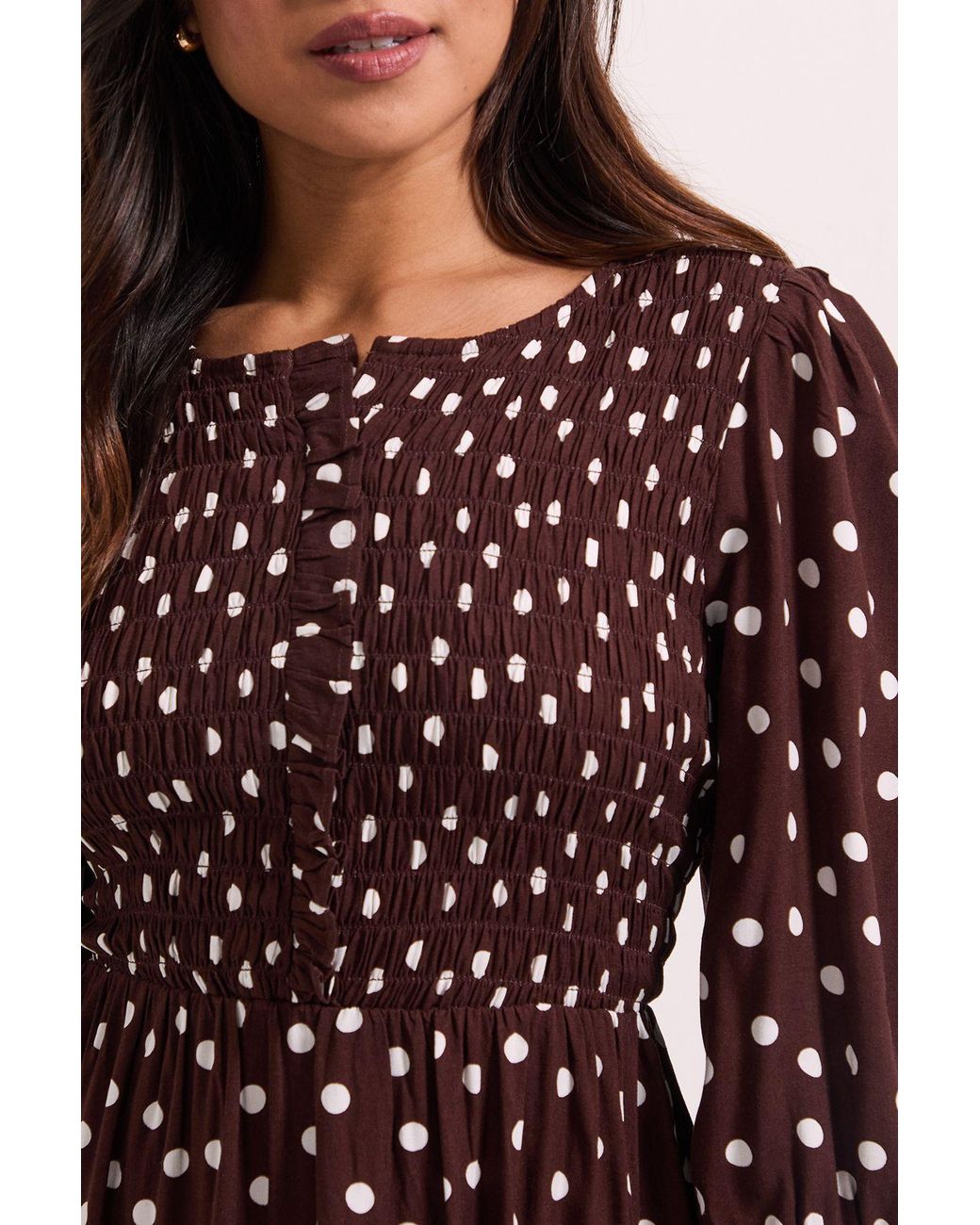 Dorothy Perkins Petite Spot Print Shirred Bodice Button Detail Midi Dress
