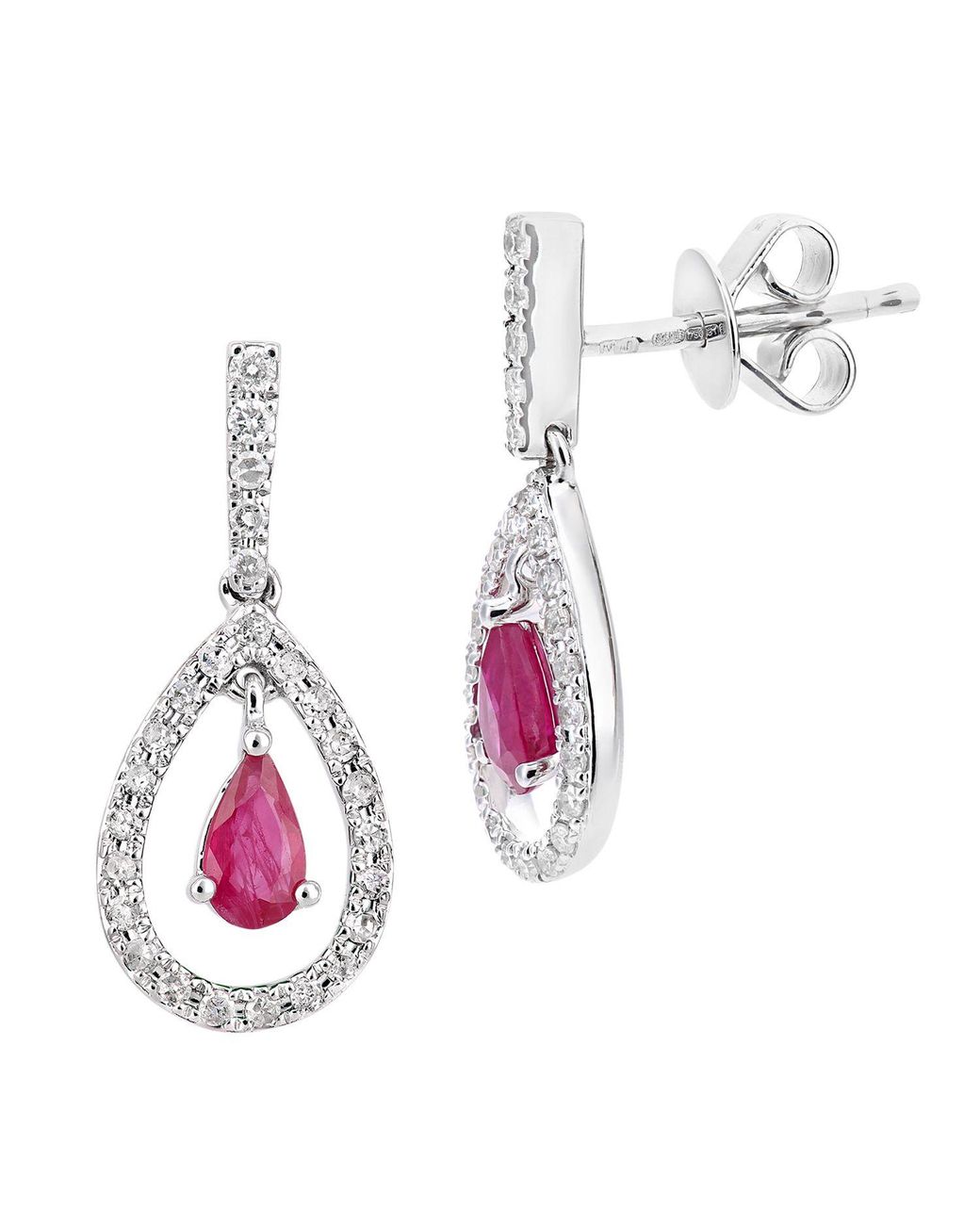 Jewelco London Metallic 18Ct Diamond Pear 0.6Ct Ruby Teardrop Drop Earrings