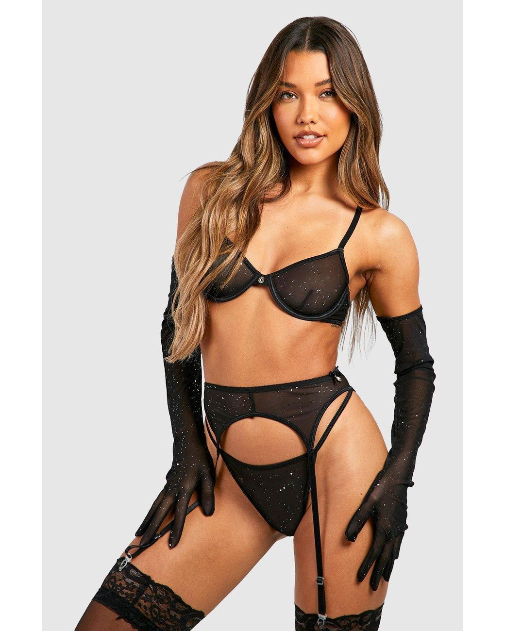 Boohoo Sparkle Lingerie And Suspender Set With Gloves in Black