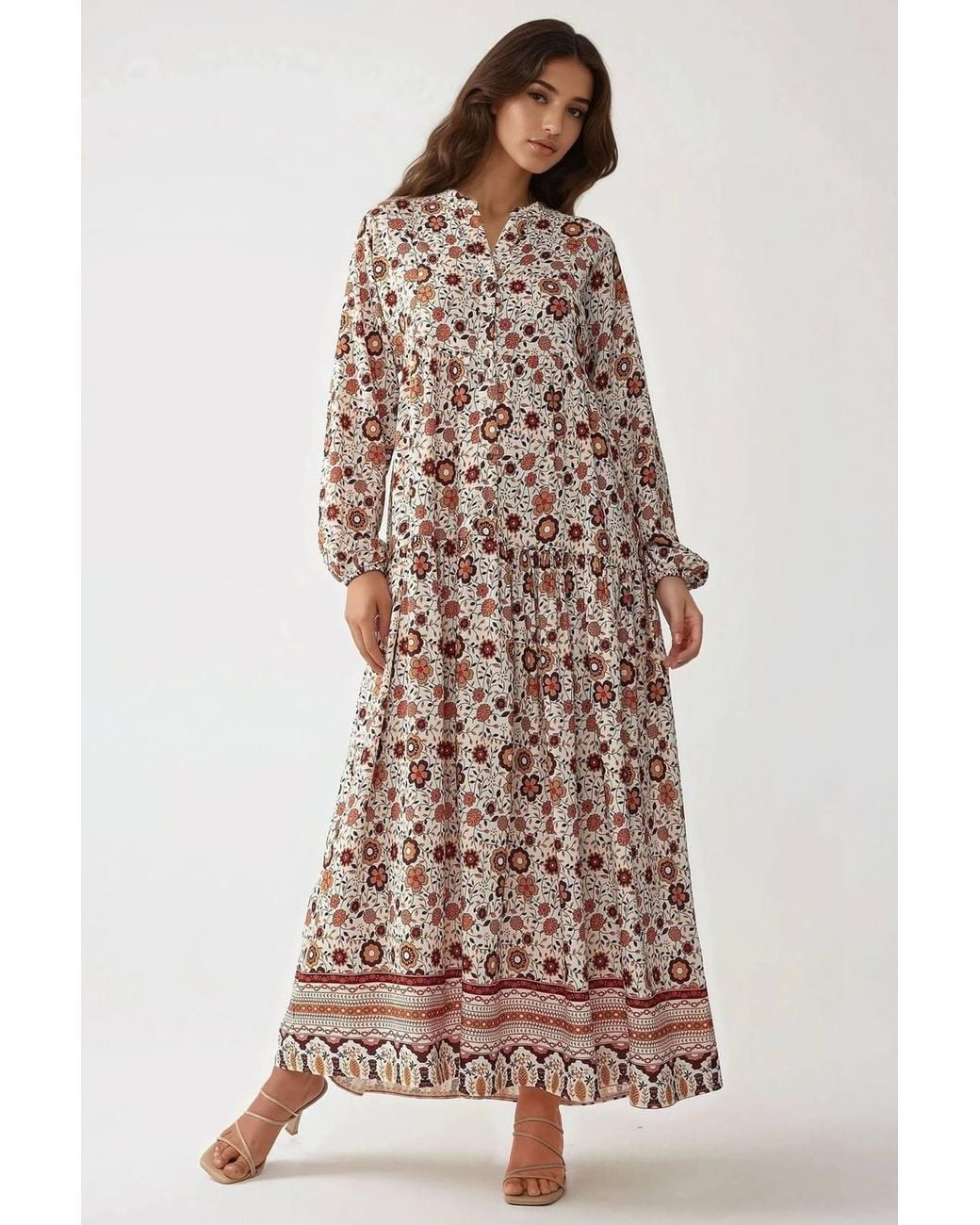 Hiccup Natural Printed V-Neck Maxi Dress With Buttons