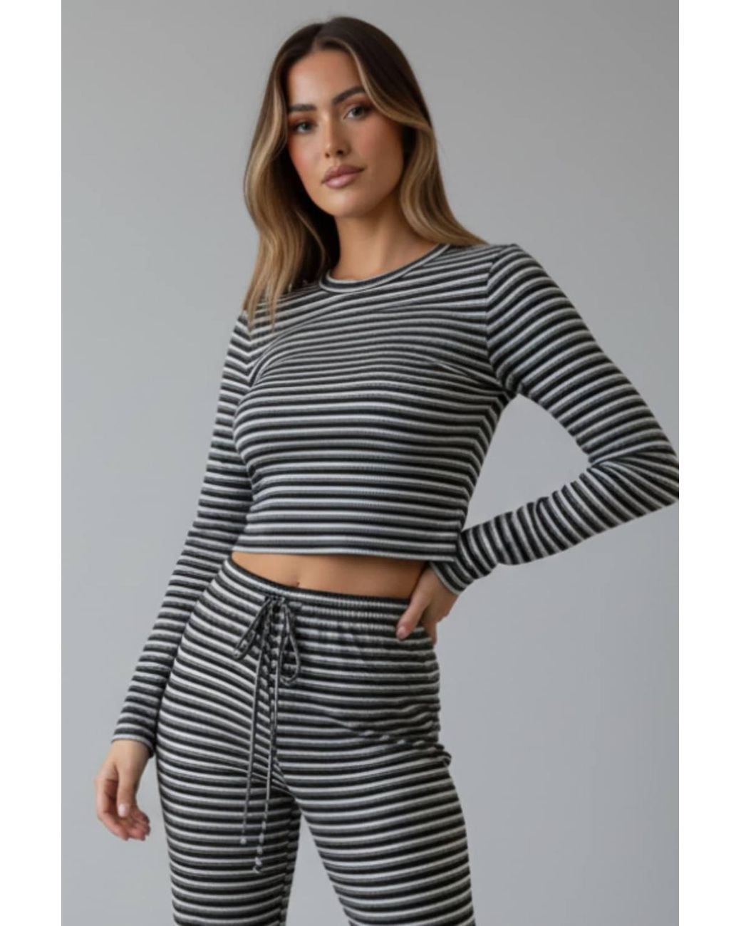Stylewise Gray Striped Long Sleeve Top & Trouser Co-Ord