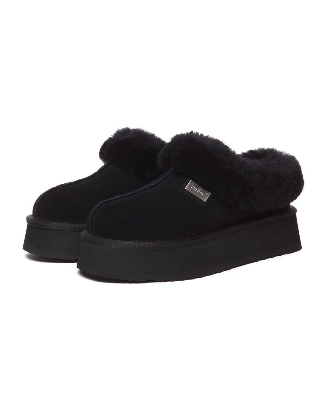 EverAu Australia Black Real Sheepskin Topknot Leather Platform Slippers With Eva Sole