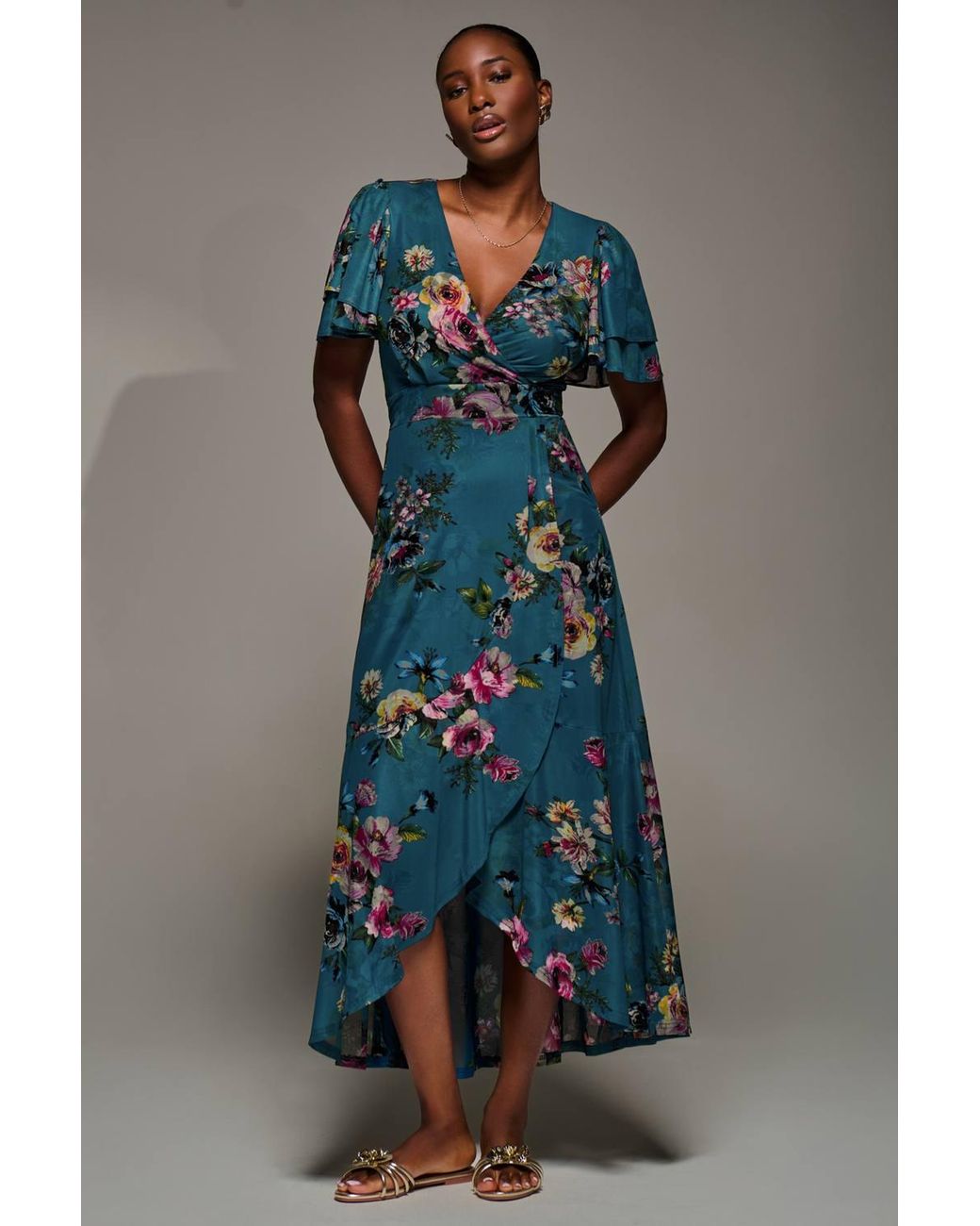 Jolie Moi Blue Angel Sleeve Mesh Frill Wrap Maxi Dress