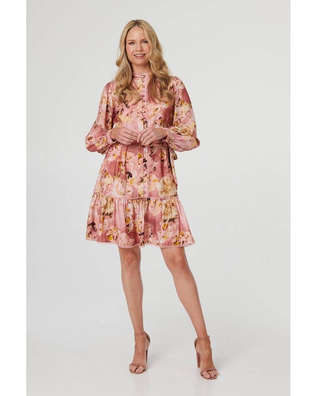 Izabel London Pink Floral Long Sleeve Short Shirt Dress