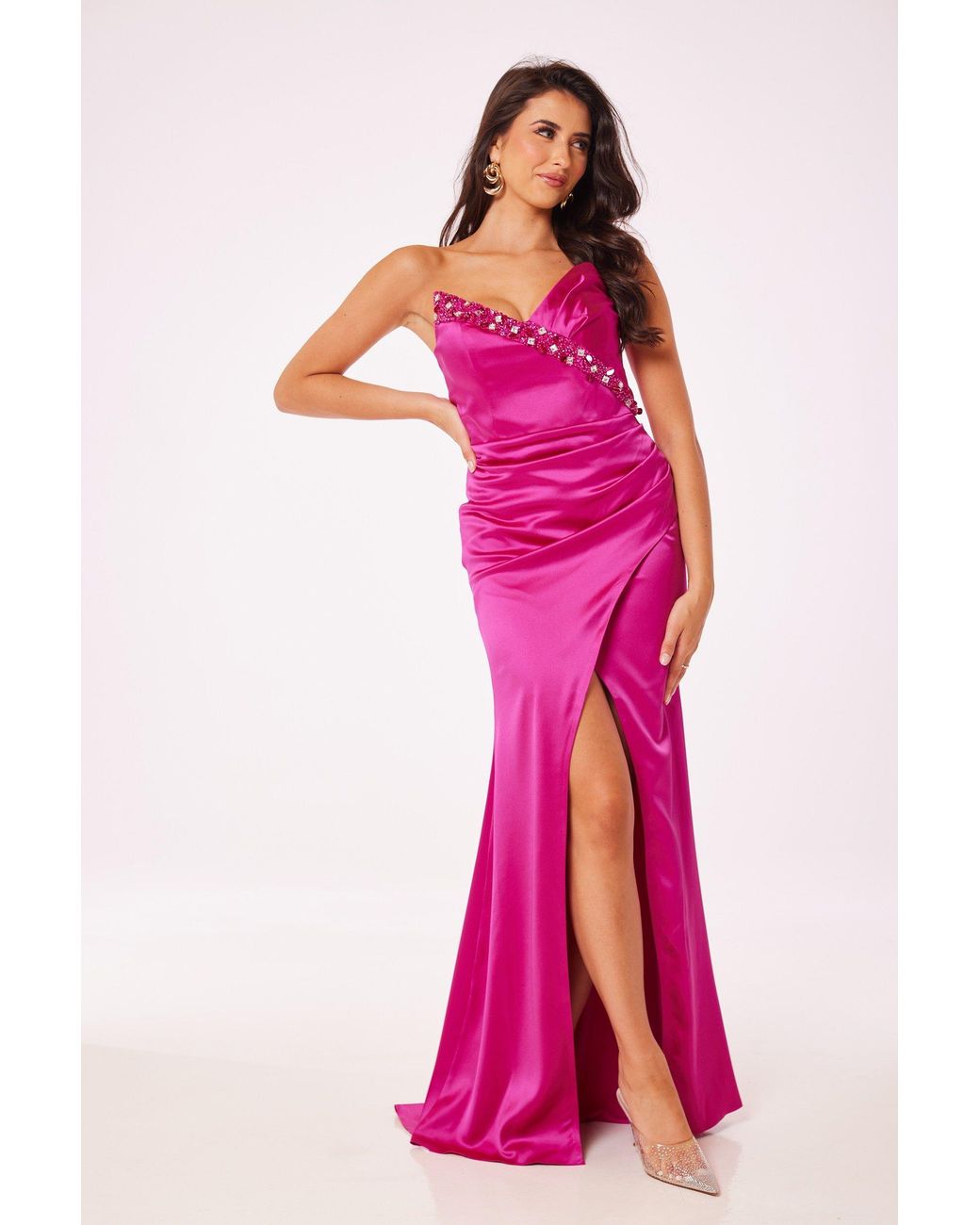 LuvForever Fashion Pink Fuschia Strapless Side Slit Maxi Dress