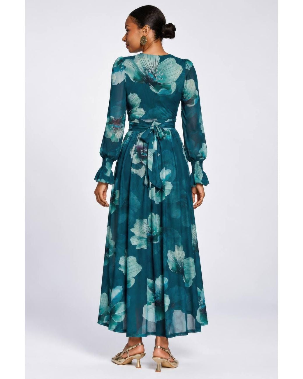 Jolie Moi Blue Long Sleeve V Neck Mesh Maxi Dress