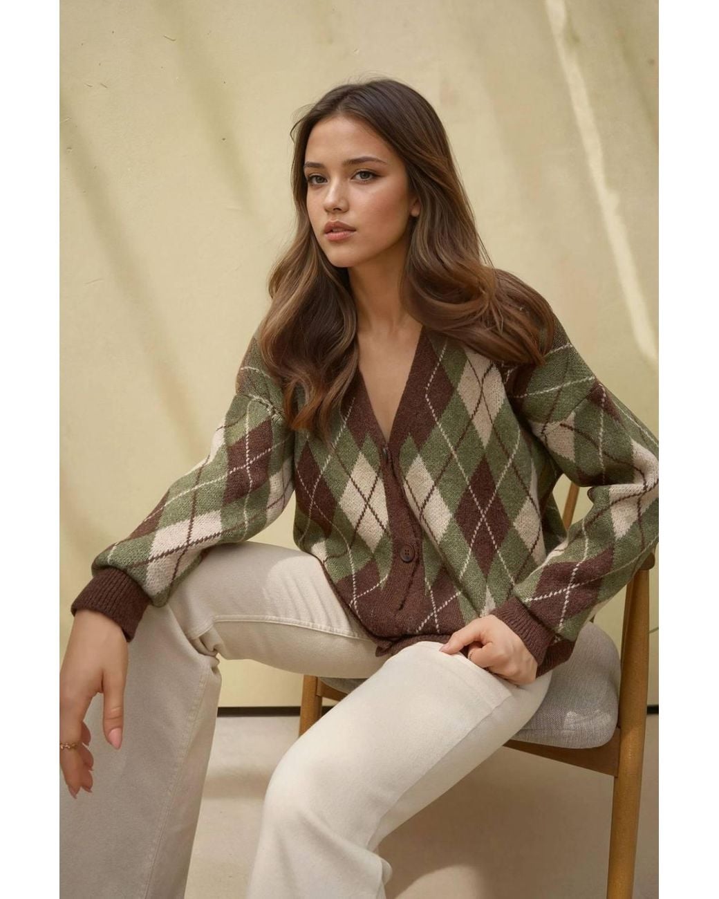 Hiccup Natural Long V-Neck Geometric Knitwear Cardigan With Buttons