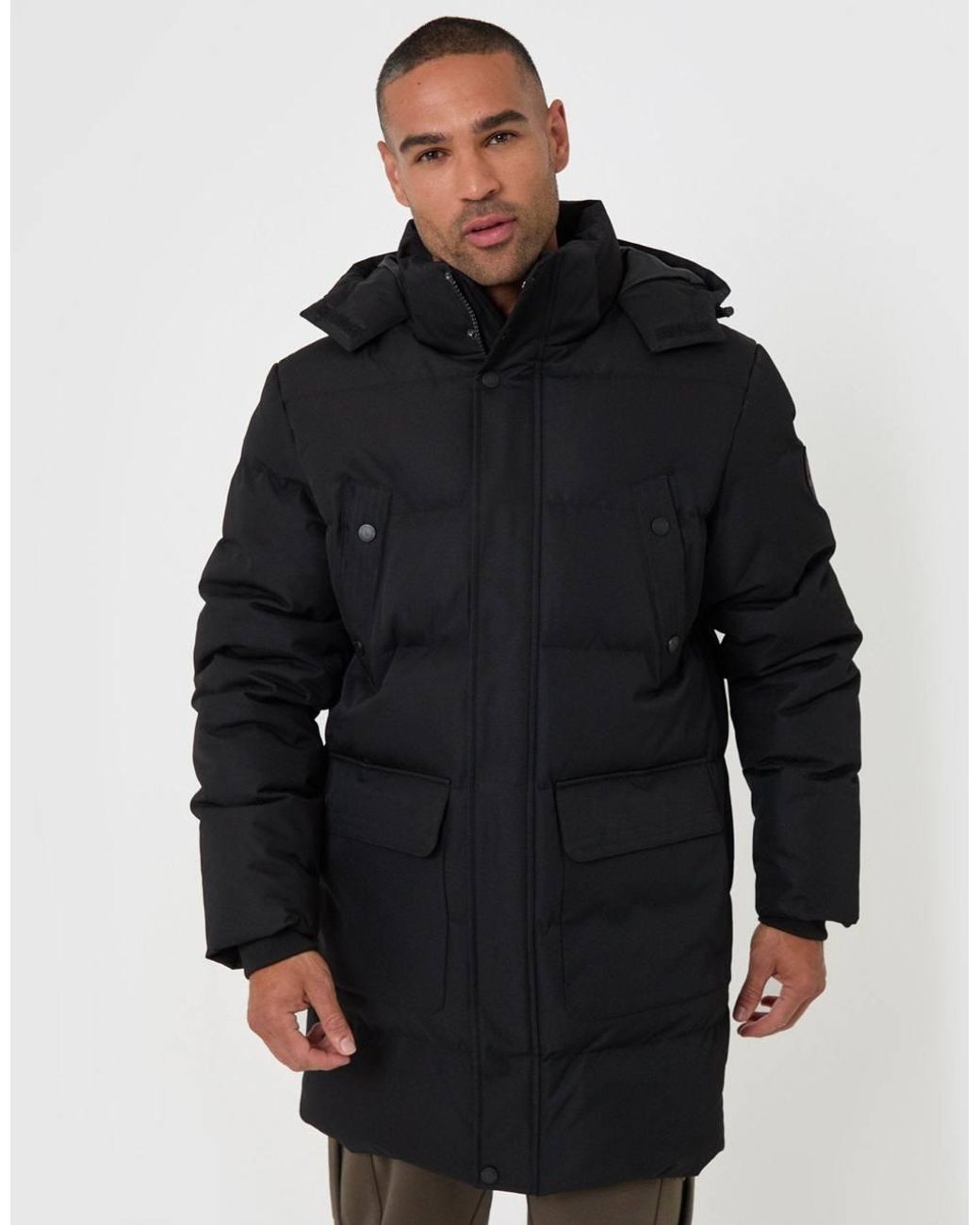 Threadbare Black Showerproof Hooded Puffer Coat With Adjustable Waist for men