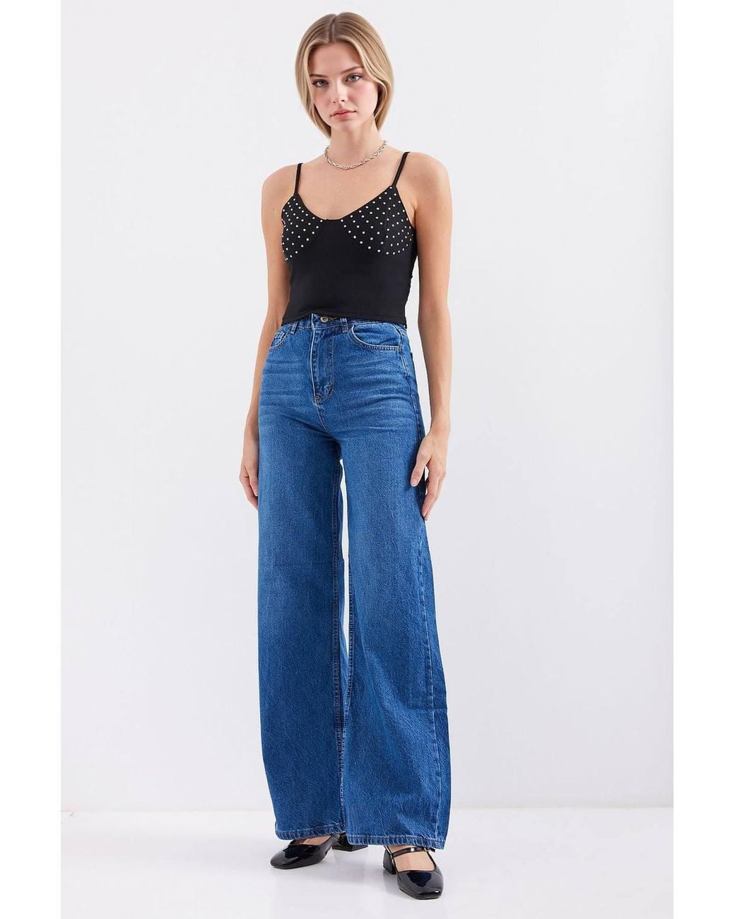 Bigdart Blue Stone Embellished Fitted Crop Top With V-Neck