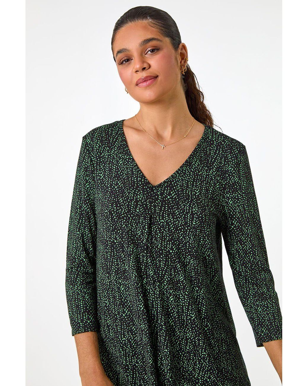 Roman Green Spot Print Pleat Front Tunic Top