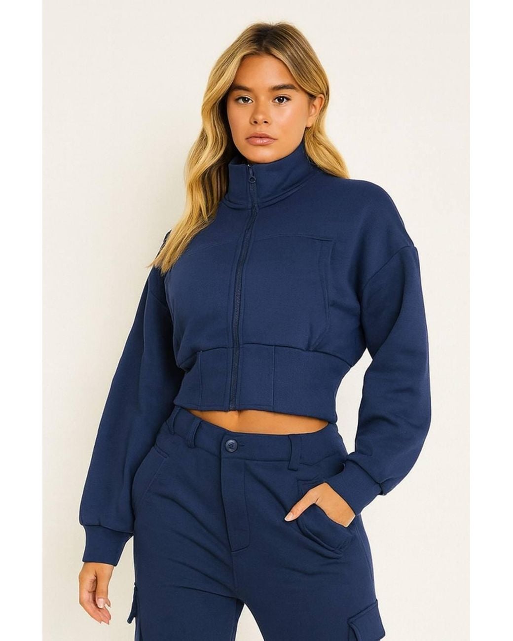 Stylewise Blue Cropped Zip Sweatshirt & Cargo Trouser Tracksuit Co-Ord