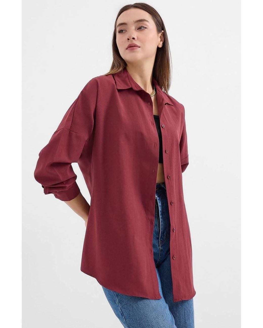 Bigdart Red Oversized Patterned Poplin Shirt With Button Closure