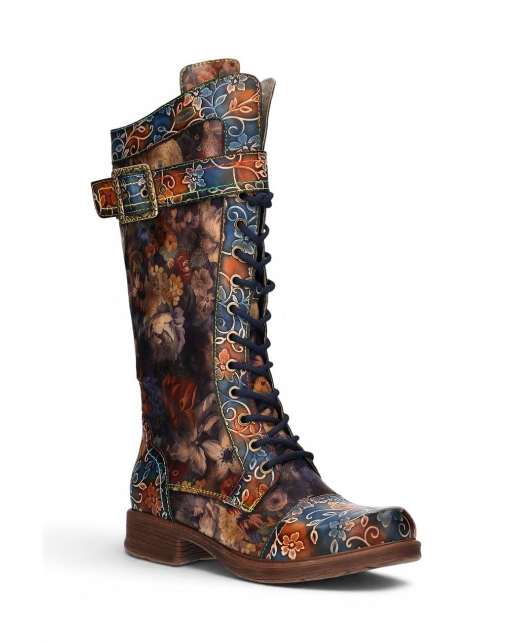 Infinity Leather Brown Floral Victorian Leather High Combat Long Boots