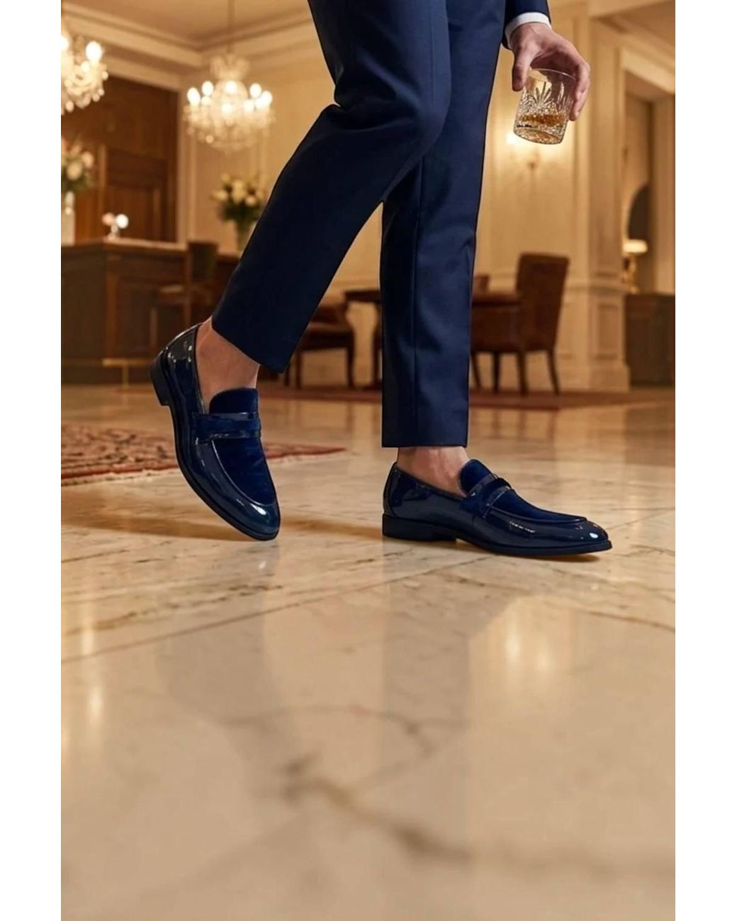 Infinity Leather Blue Slip-On Fuax Leather Velvet Detailed Patent Loafers for men
