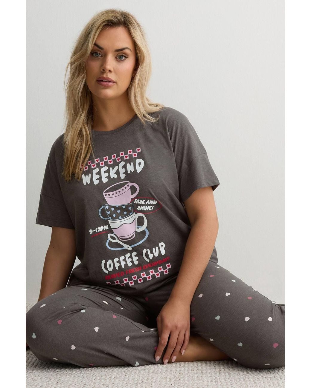 Yours Gray 'Coffee Club' Wide Leg Pyjama Set