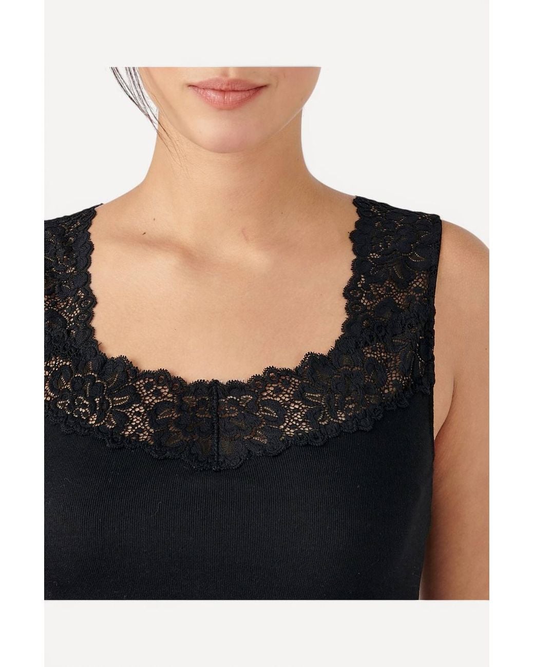 DAMART Black Sleeveless Thermolactyl T-Shirt Lace Trim Regular Length Jersey