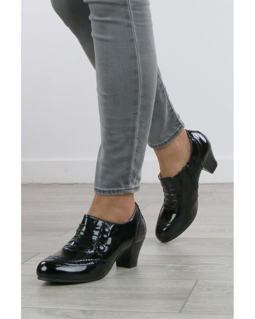 AJVANI Gray Mid Cuban Heel Brogue Buttoned Ankle Boots Shoe Boots