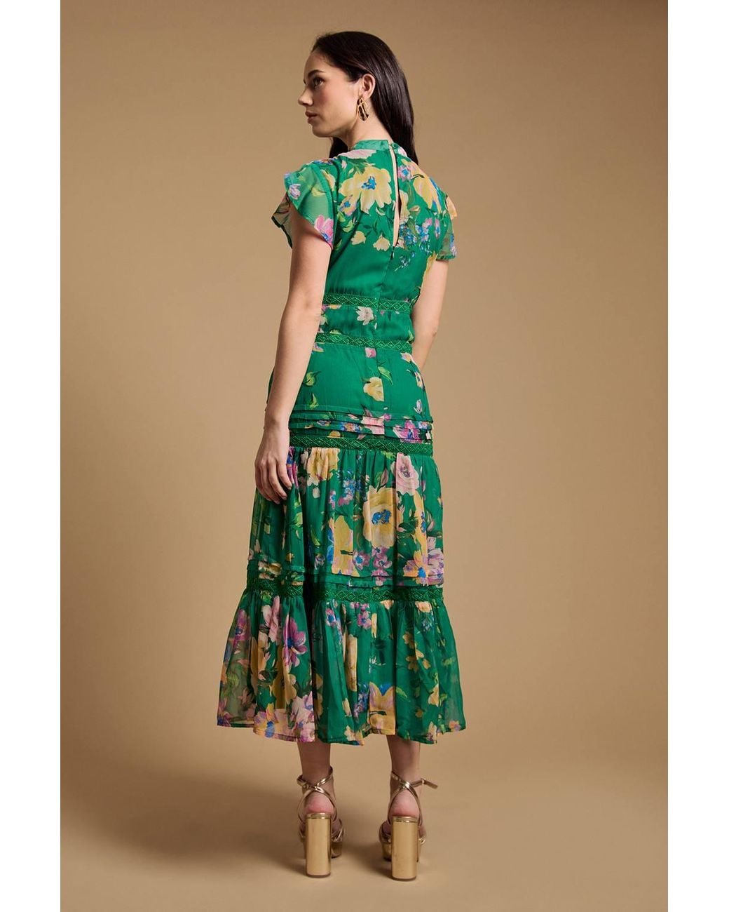 Oasis Green Floral Printed Chiffon Lace Insert Dress