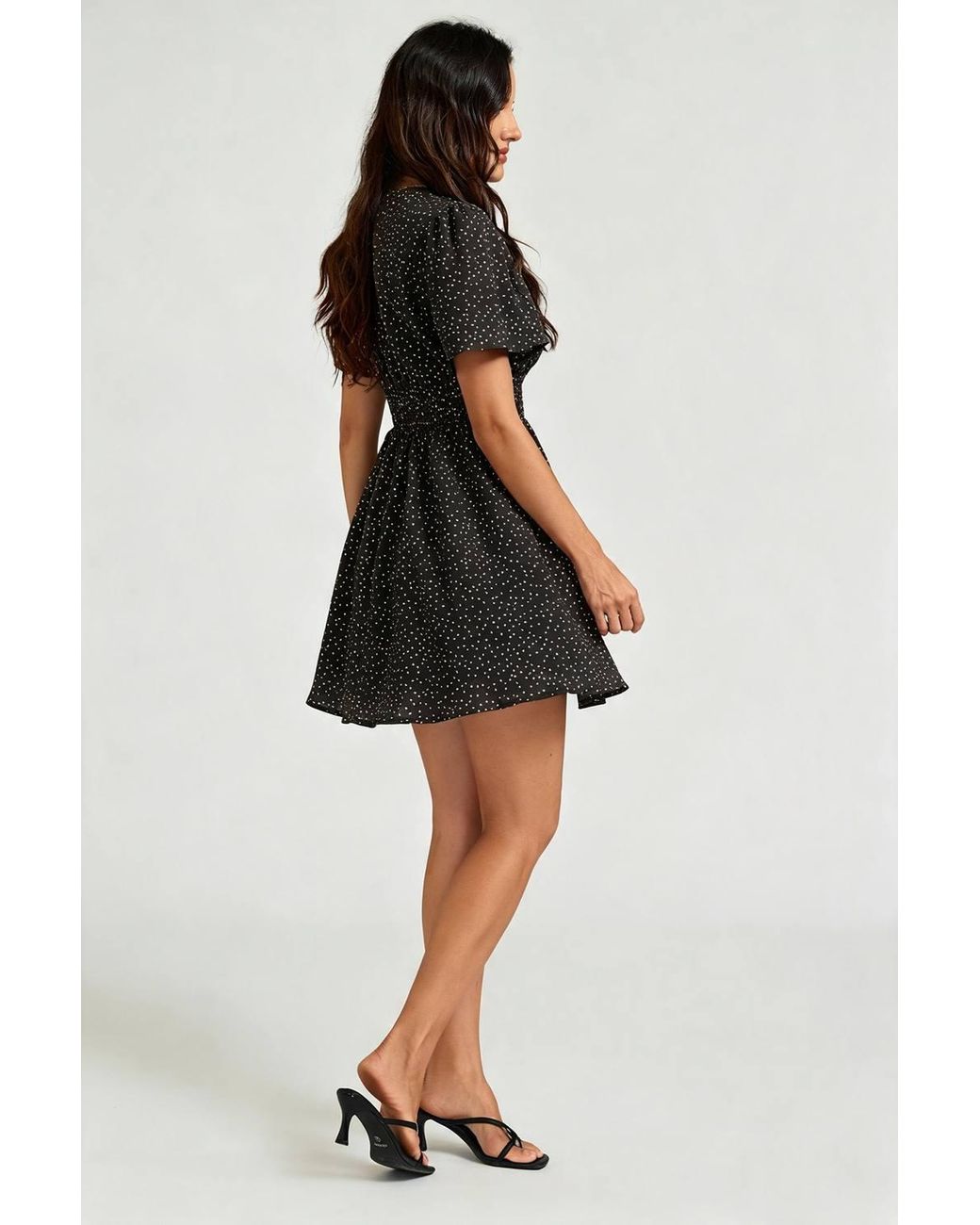 FS Collection Black Polka Dot V-Neck Mini Dress With Shirred Waist