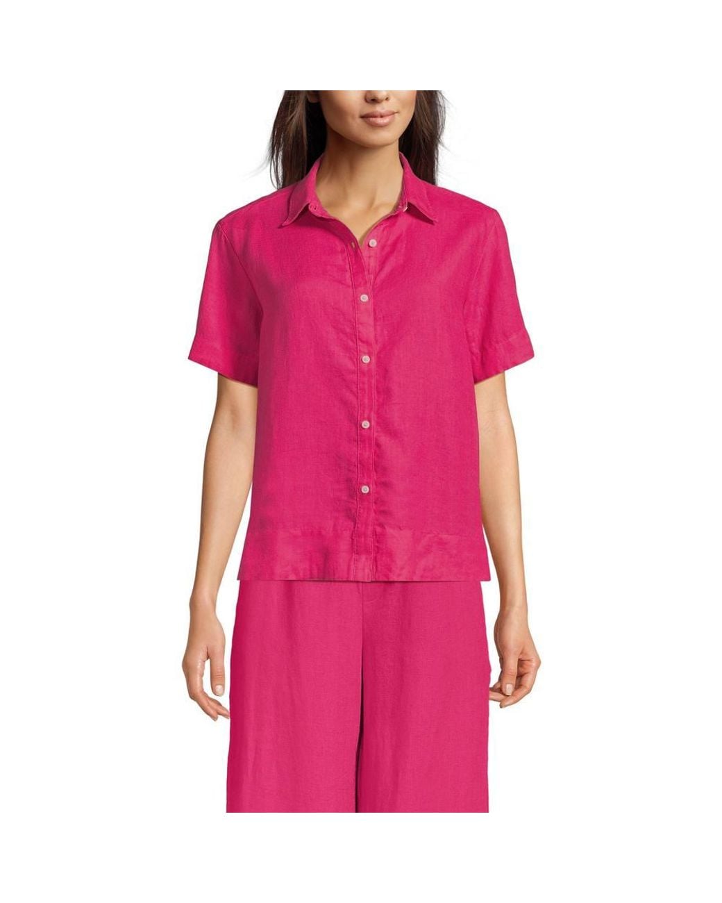Lands' End Pink Petite Premium Pure Linen Short Sleeve Shirt