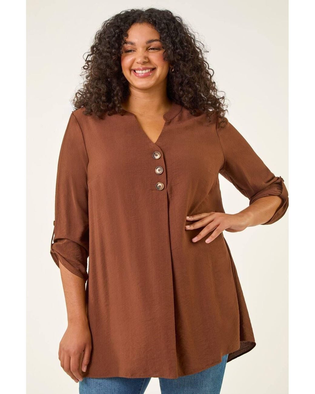 Roman Green Curve Textured Buttoned Tunic Top