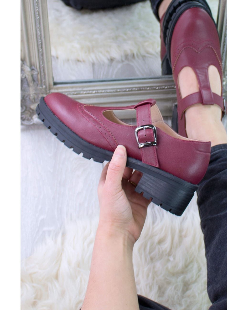 AJVANI Red Mid Heel Chunky Platform T-Bar Brogue Mary Janes