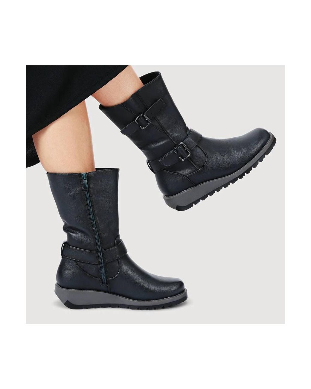 Pavers Black Dual Buckle Calf Length Boots
