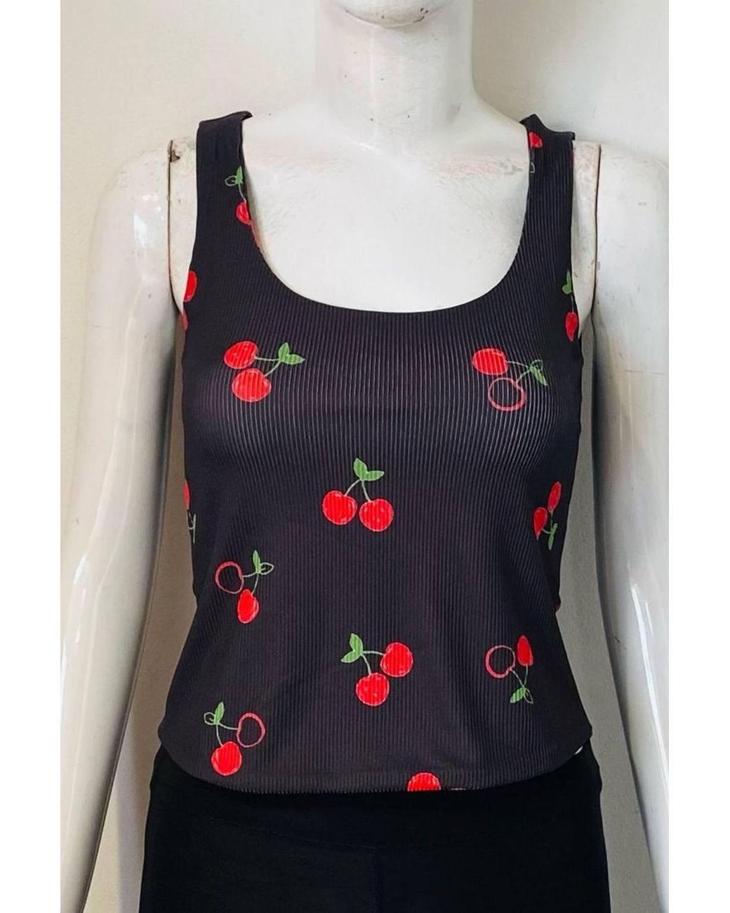 Stylewise Blue Cherry Print Ribbed Sleeveless Vest Top