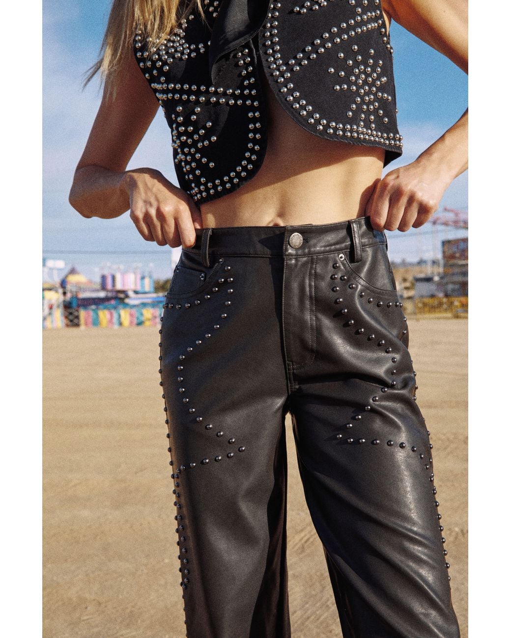 Nasty Gal Natural Faux Leather Studded Straight Leg Trouser