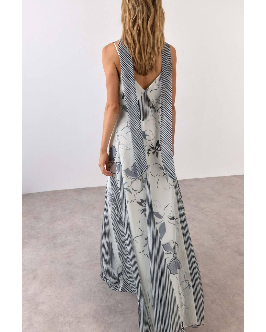 Warehouse Gray Print Mix Tie Neck Chiffon Panelled Maxi Dress
