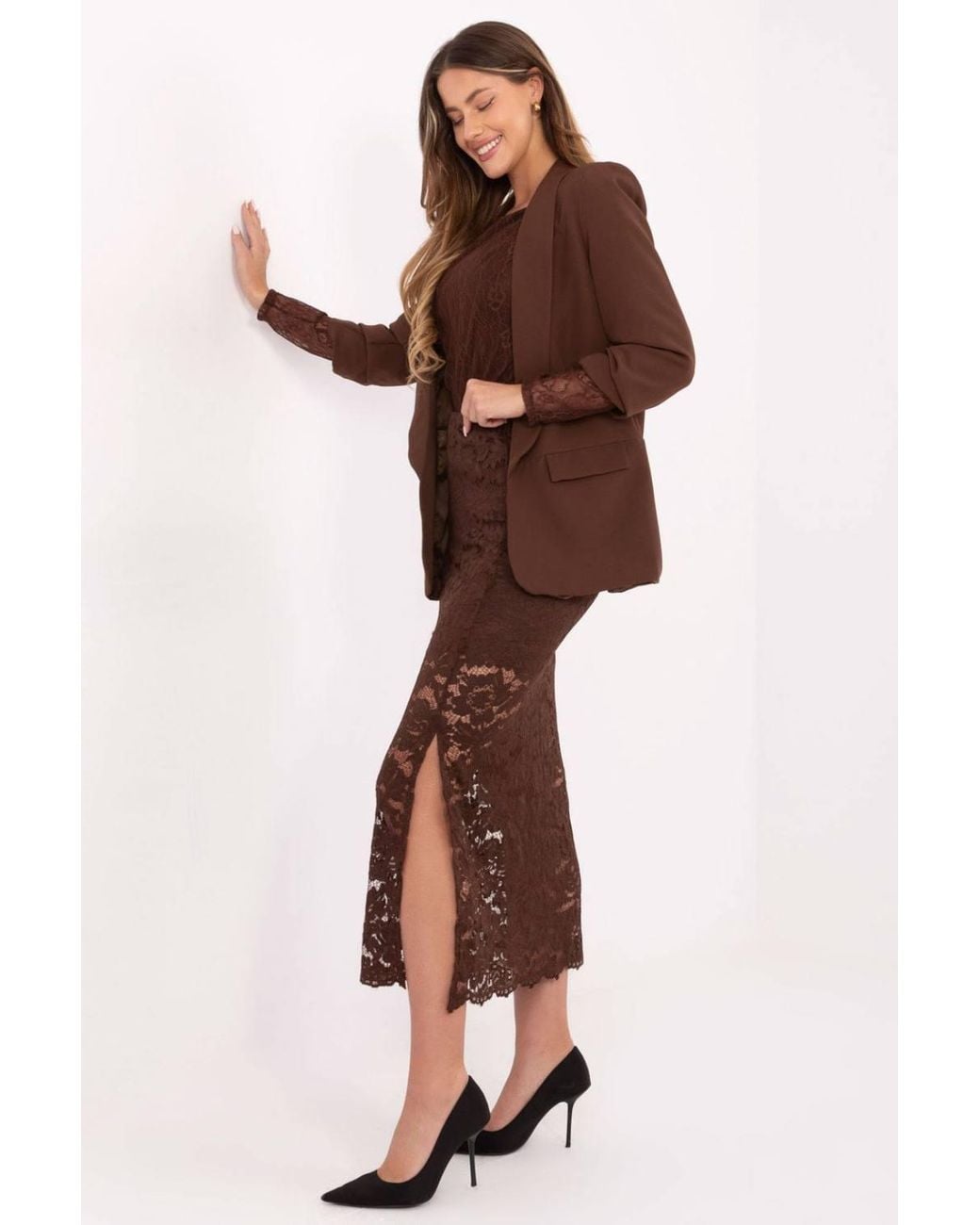 Love Lace Brown Elastic Waist Midi Lace Skirt With Front Gather