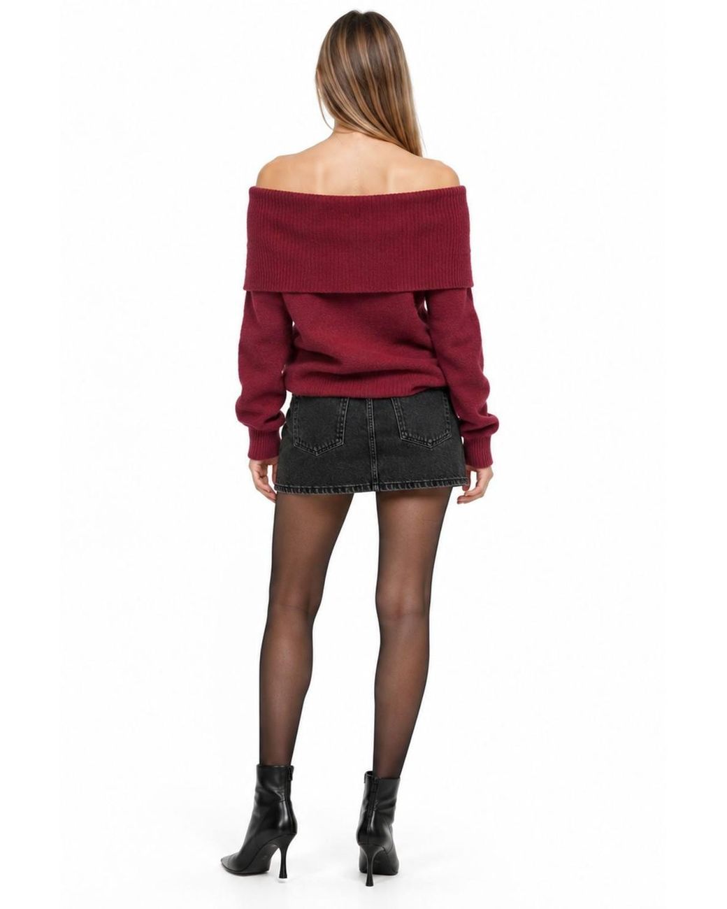 MixRay Red Oversized Ribbed Knitwear Blouse With Madonna Collar
